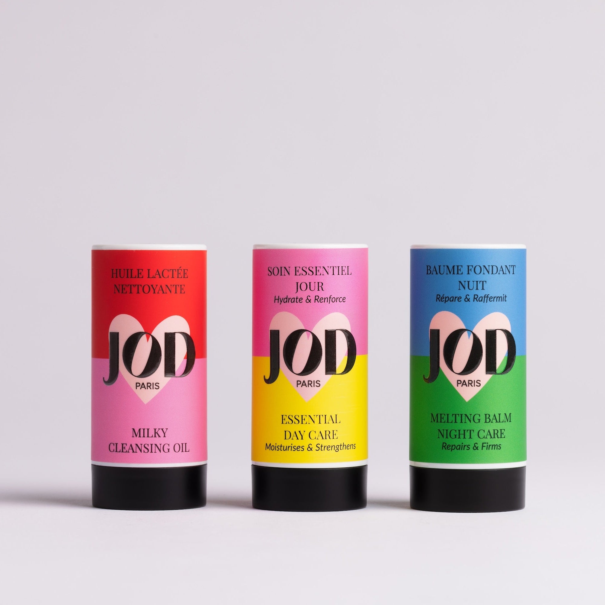 La routine des essentiels de JOD pour nettoyer, hydrater, renforcer, réparer et raffermir sa peau toute la journée.